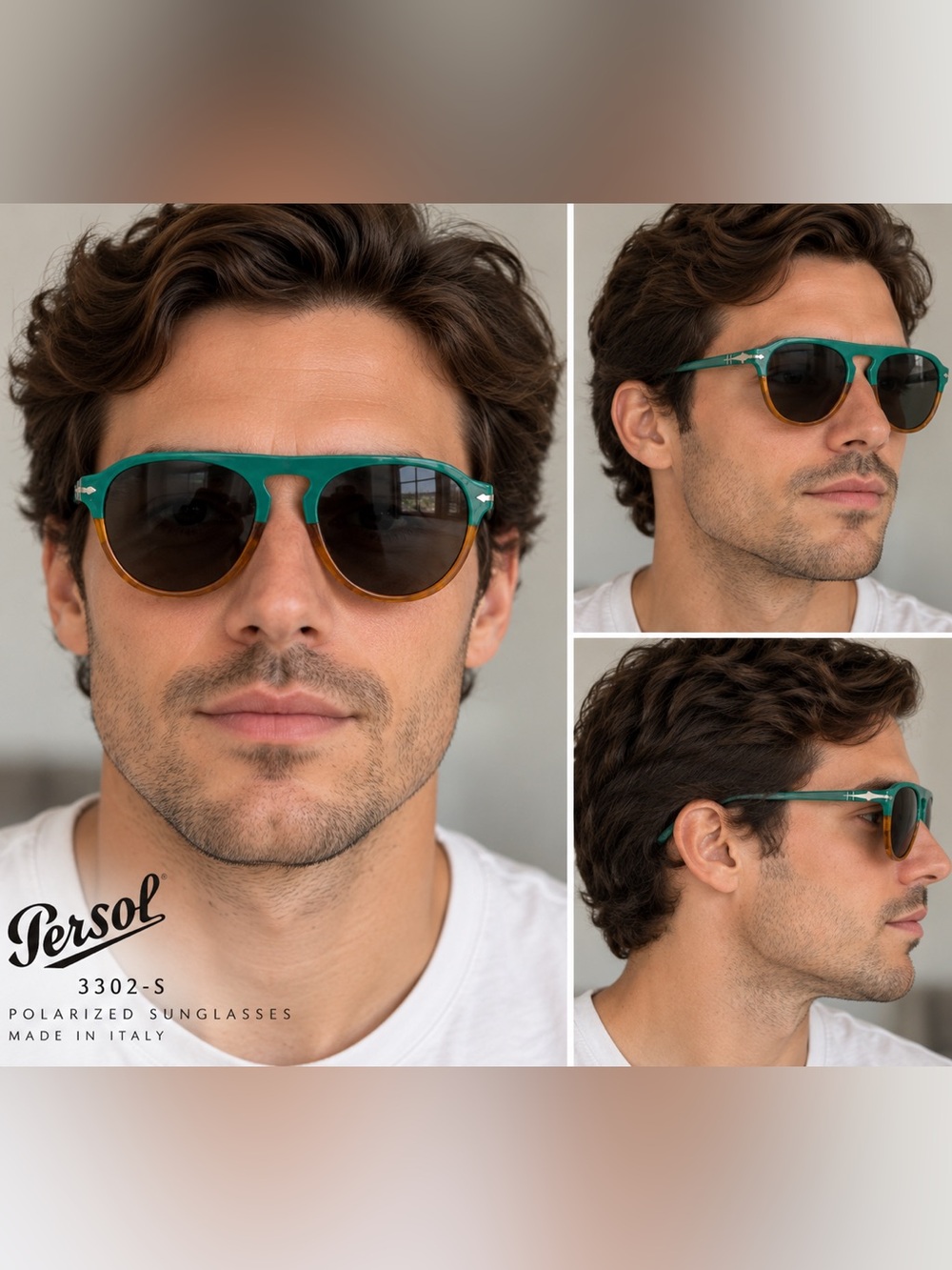 Persol Green and Amber Round Polarized Sunglasses 3302-S